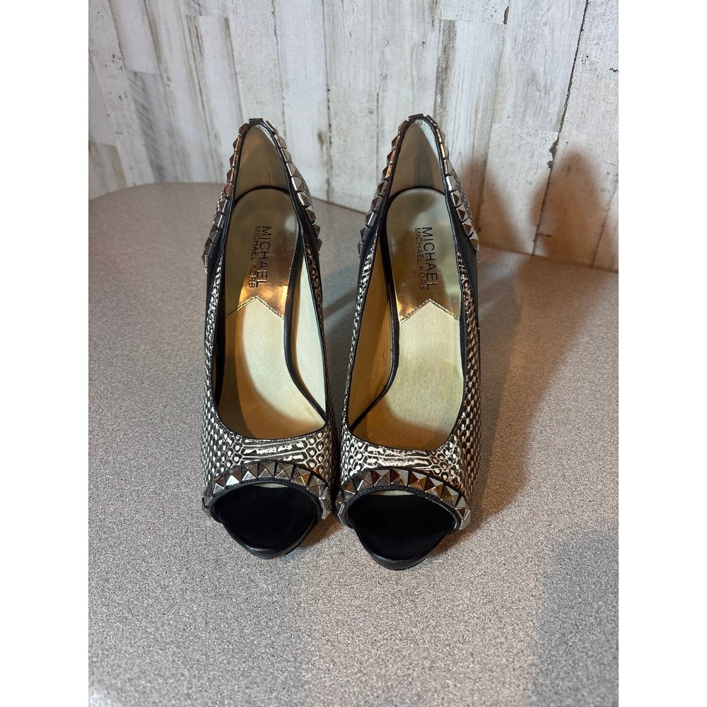 Michael Kors Ella‎ Peep Toe Black White Silver Size 7.5 Studded leather heels